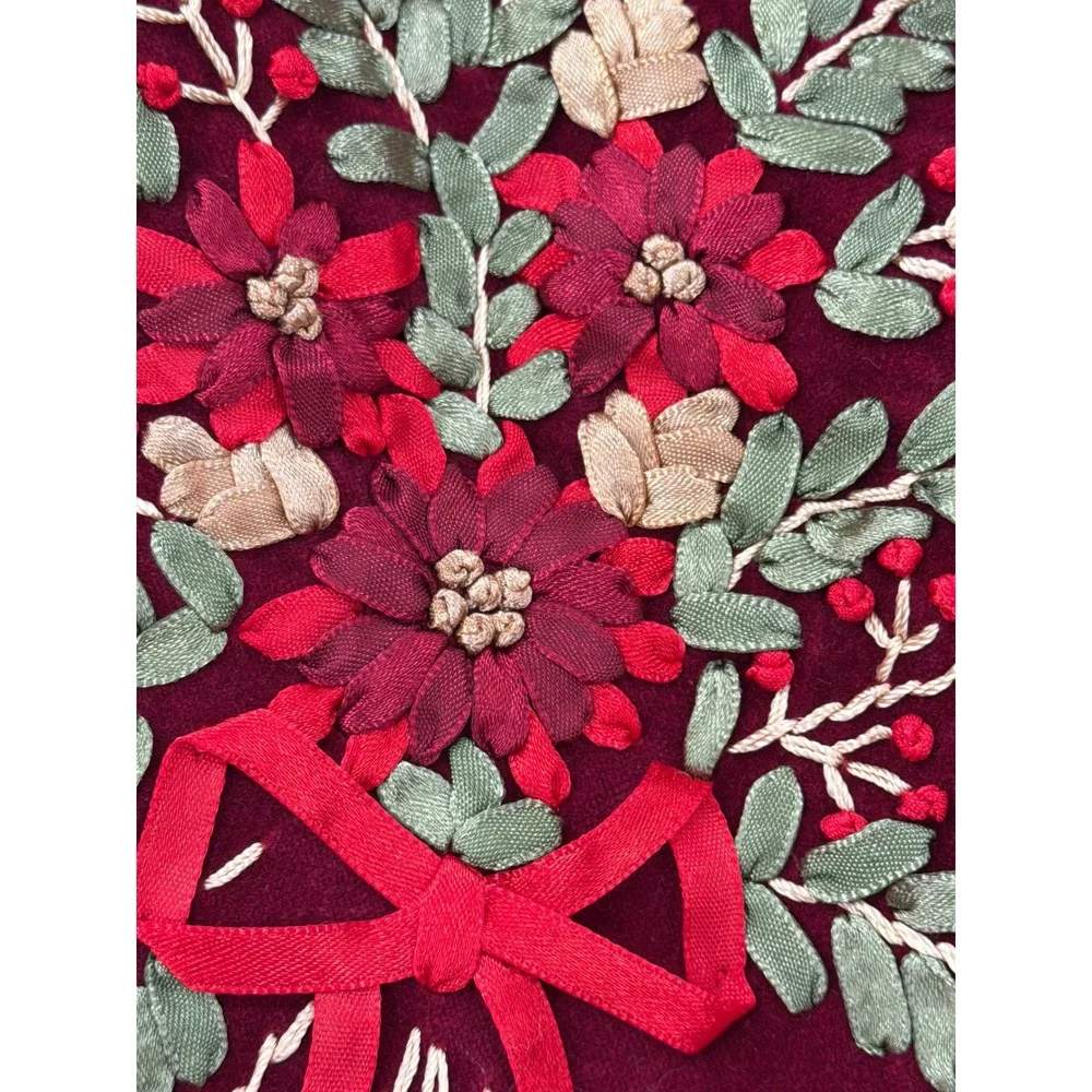 Vtg Burgundy Velvet Christmas Stocking Ribbon Embroidery Floral Red Green